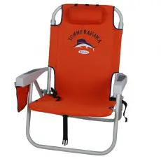 A red beach chair with an orange seat and back.