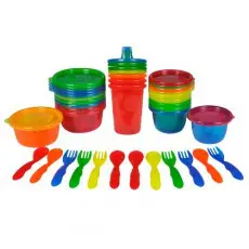 A set of plastic cups and spoons with forks.