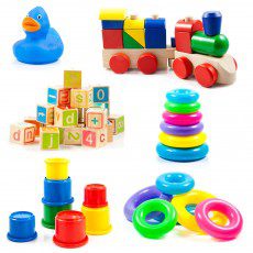 A collection of toys are arranged in different shapes and sizes.